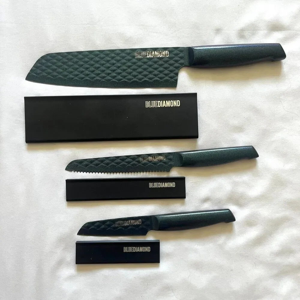 Blue Diamond Knife Set Blade Covers Blue Sharp Stone 3pc Nonstick Cutlery NEW
